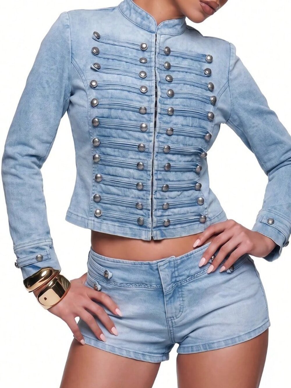 Blue Cute Women's Studded Decor Casual Long Sleeve Jacket - Picture 4 of 6
